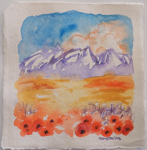 Valley with poppies II ,handmade paper, 20x20cm